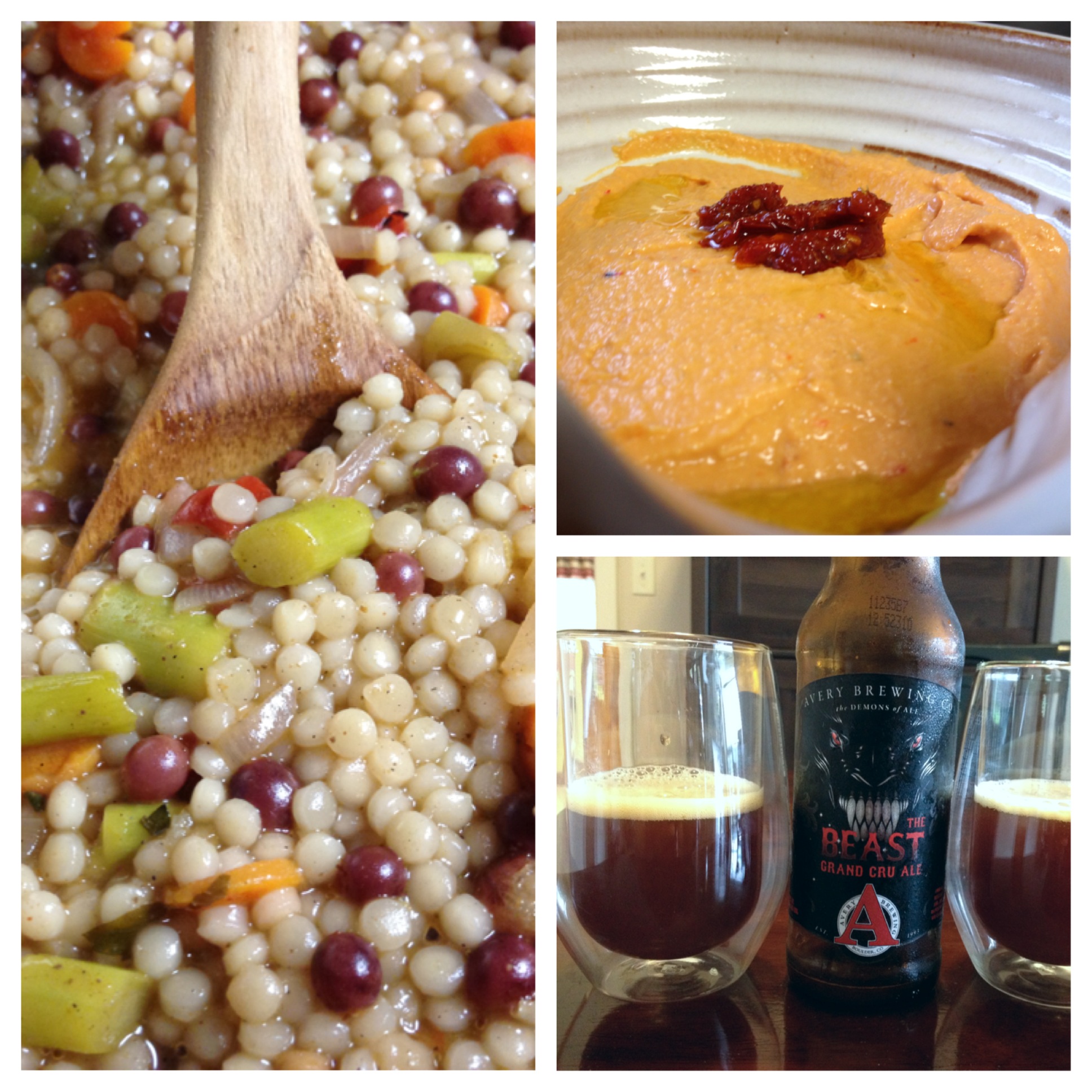 Couscous, red pepper and sundried tomato hummus, avery beast beer